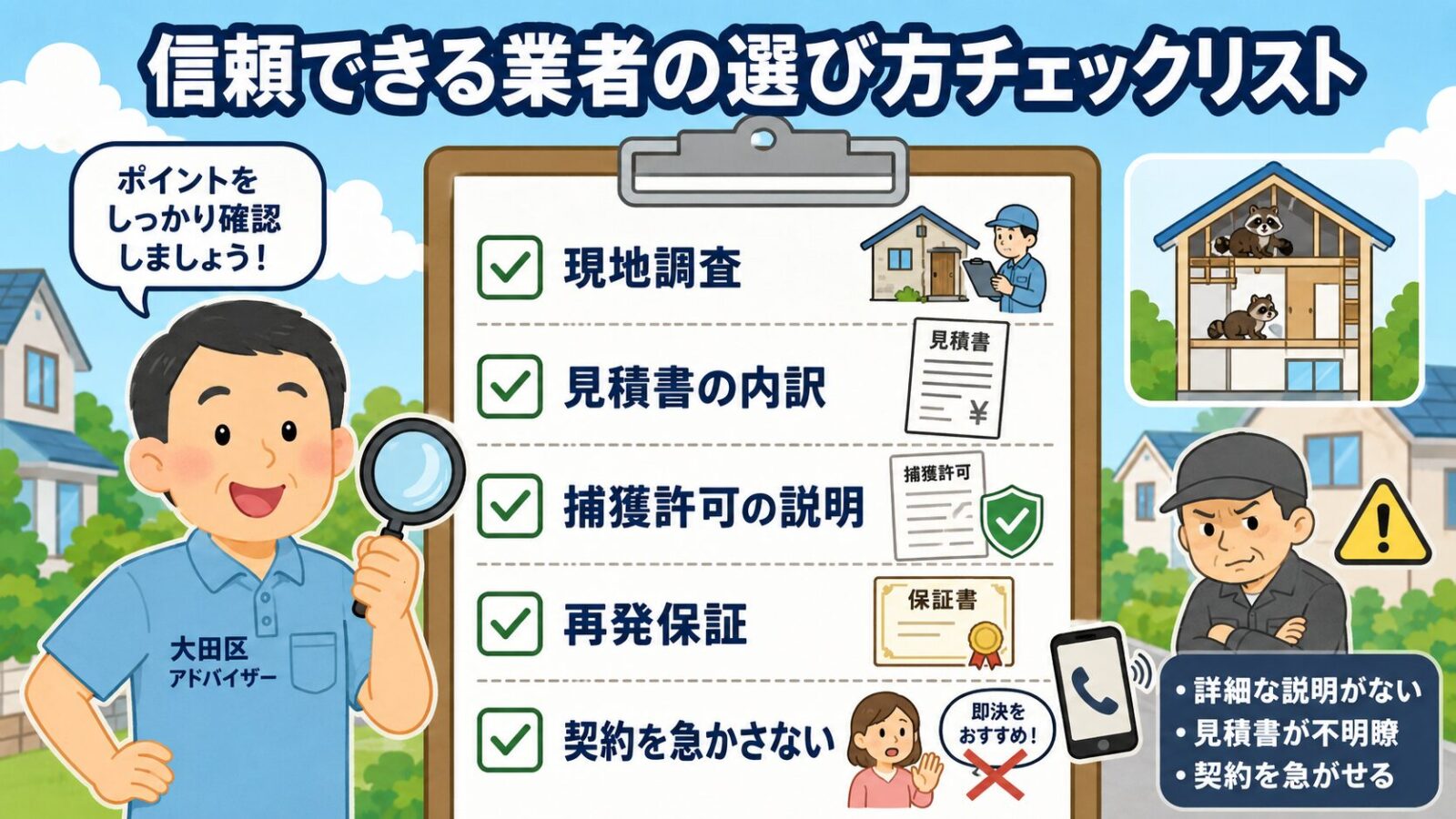 ハクビシン駆除業者選びと見積もり比較のチェックポイントを示すクリップボード風イラスト