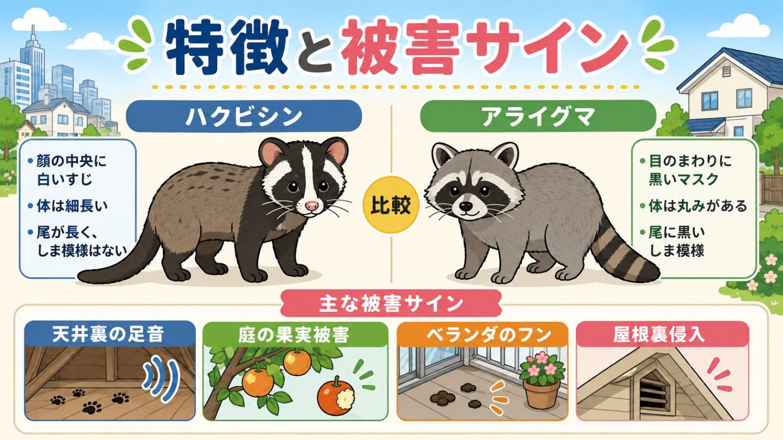 豊島区で混同しやすいハクビシンとアライグマの特徴と被害サイン