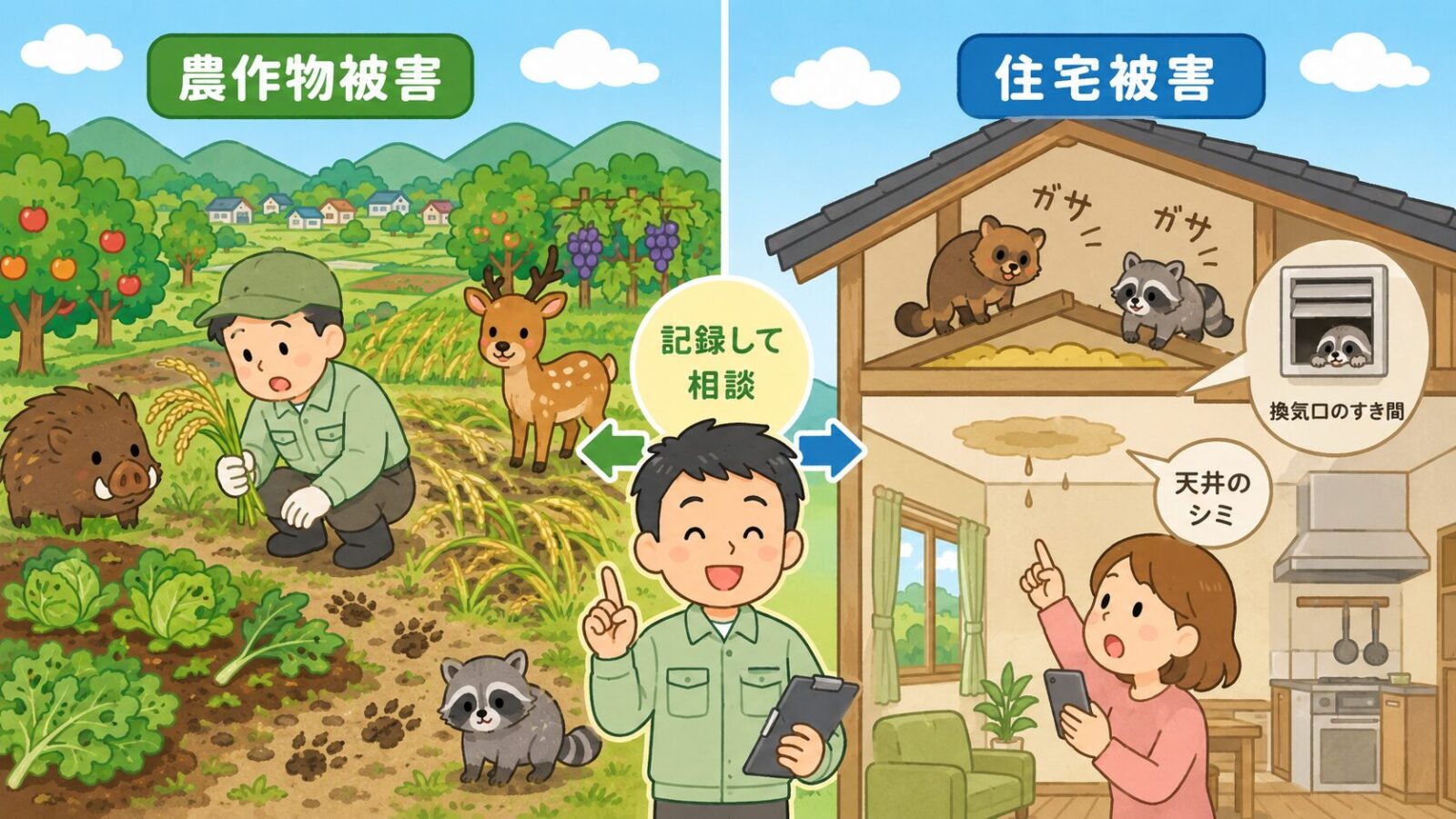 佐野市の農作物被害と住宅被害で、公式窓口への相談と民間業者による建物対策の違いを比較した図解