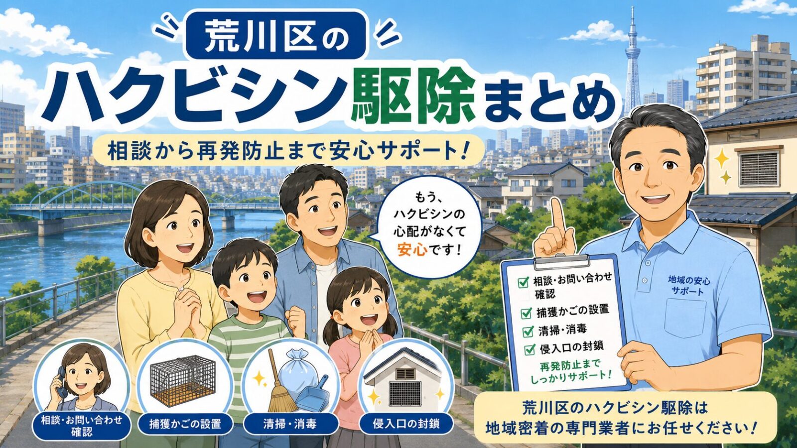荒川区のハクビシン被害が解決して安心した家族と守谷タクミを描いたまとめ画像