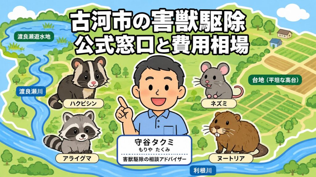 古河市害獣駆除 メインアイキャッチ のいらすとや風イラスト