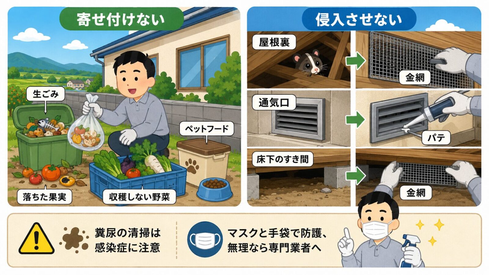 那須塩原市で自分でできるハクビシンの予防・応急対策を示す図。寄せ付けない（生ごみ・落ちた果実・収穫しない野菜・ペットフードを置かない）と侵入させない（屋根裏・通気口・床下のすき間を金網やパテで塞ぐ）の2本柱を守谷タクミが案内し、糞尿の清掃は感染症に注意し防護のうえか専門業者へと添えるいらすとや風イラスト。