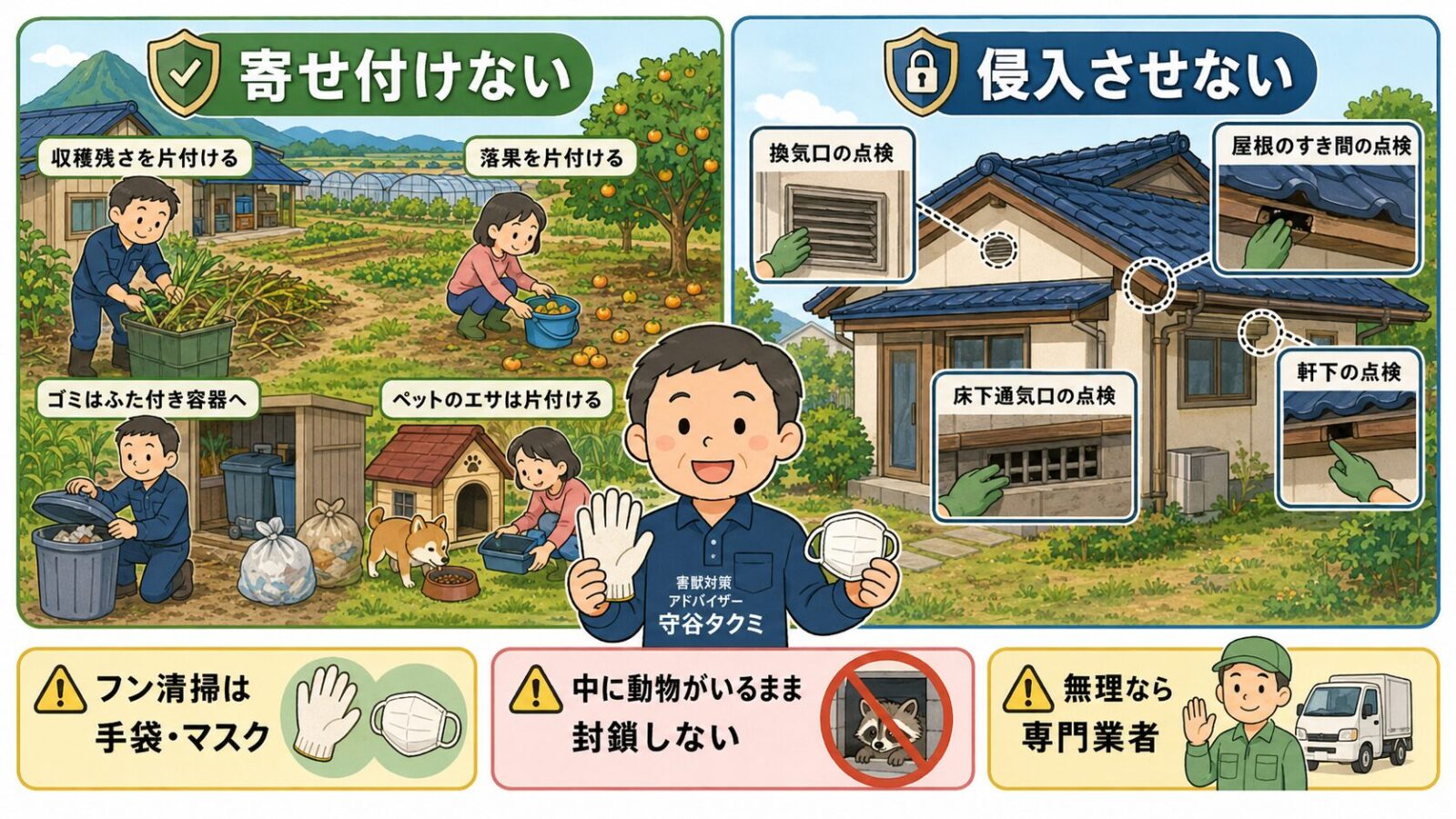筑西市の害獣対策で自分でできる予防として、収穫残さや生ごみを片付け、通気口や軒下や床下を点検し、フン清掃では手袋とマスクを使うことを示した図解
