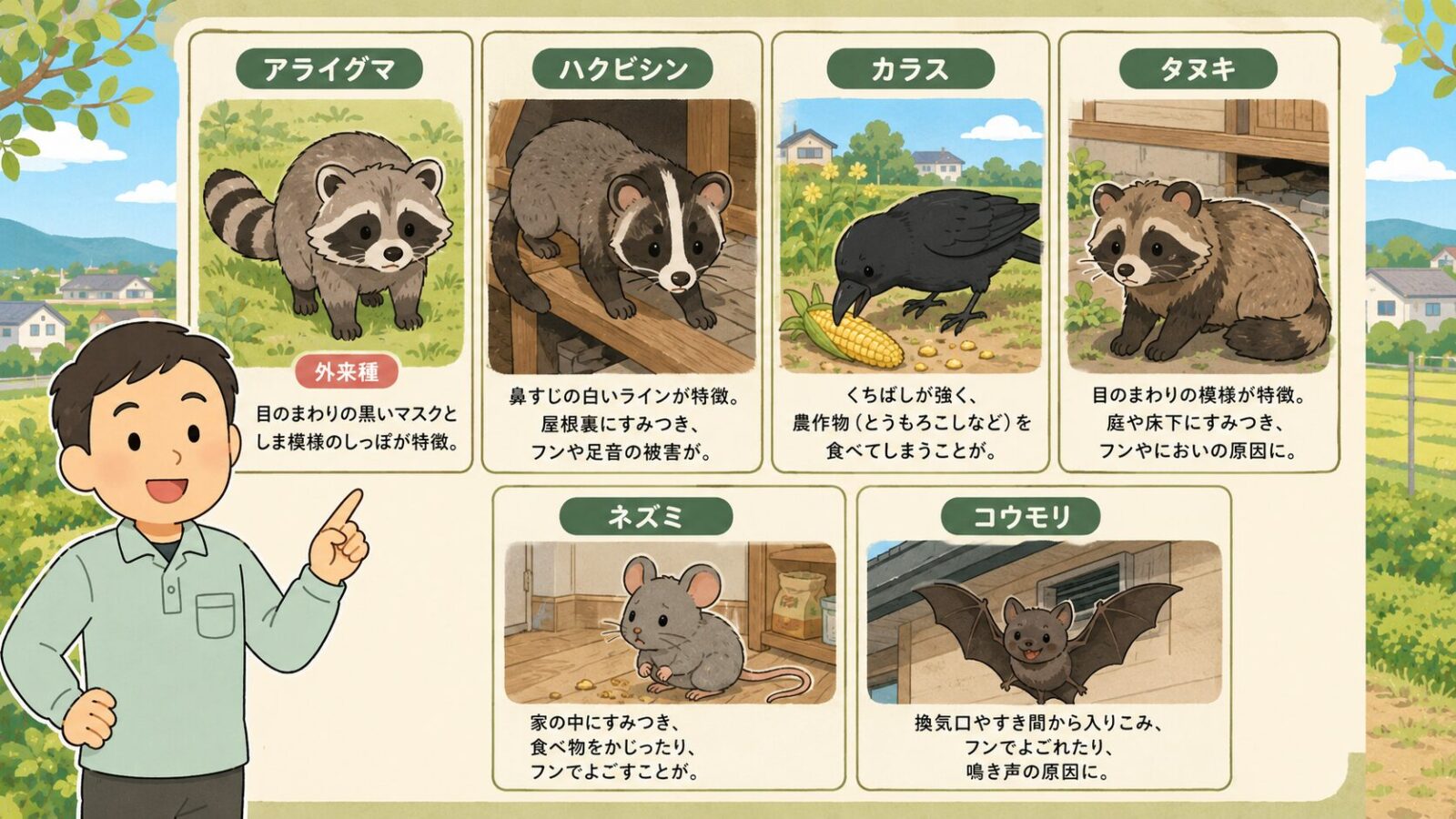 結城市で注意したいアライグマ、ハクビシン、カラス、タヌキ、ネズミ、コウモリの種類と被害サインを示した図解