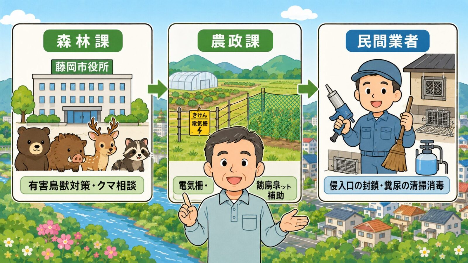 藤岡市の森林課・農政課・民間業者の役割分担を示した図解。