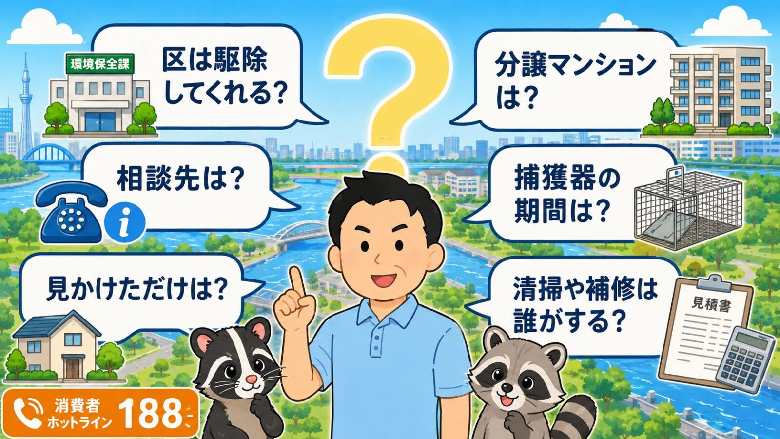 江東区のハクビシン駆除でよくある質問を整理したイラスト