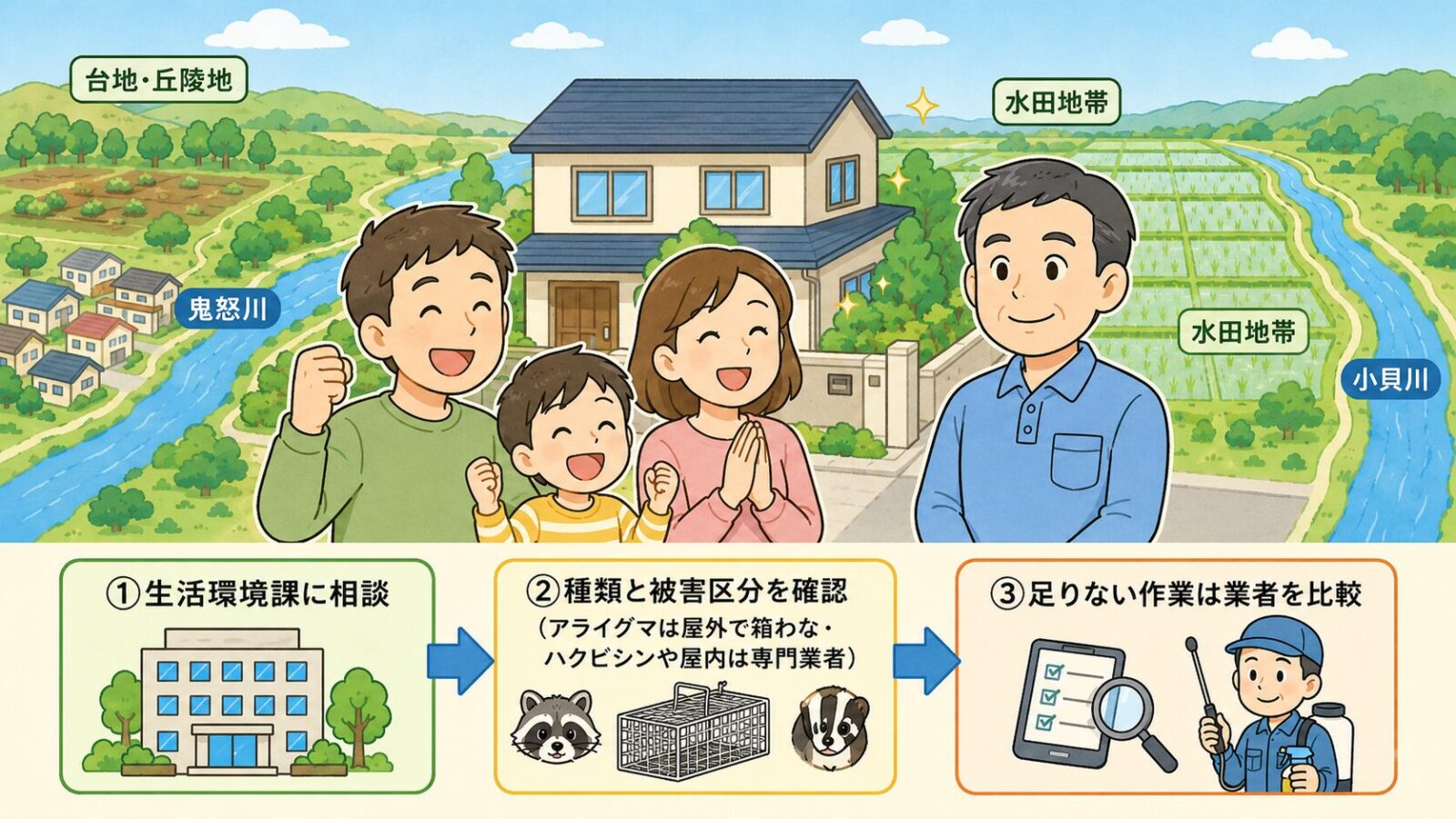 常総市の害獣駆除のまとめ図。生活環境課に相談・アライグマは敷地内の屋外に箱わなを設置・ハクビシンや屋内の駆除は市は行わず専門業者・足りない作業は業者を比較の流れと、費用は参考相場で現地調査で変動・急がず複数社を比較という注意を、被害が解決して安心する家族とともに守谷タクミが示すいらすとや風イラスト。