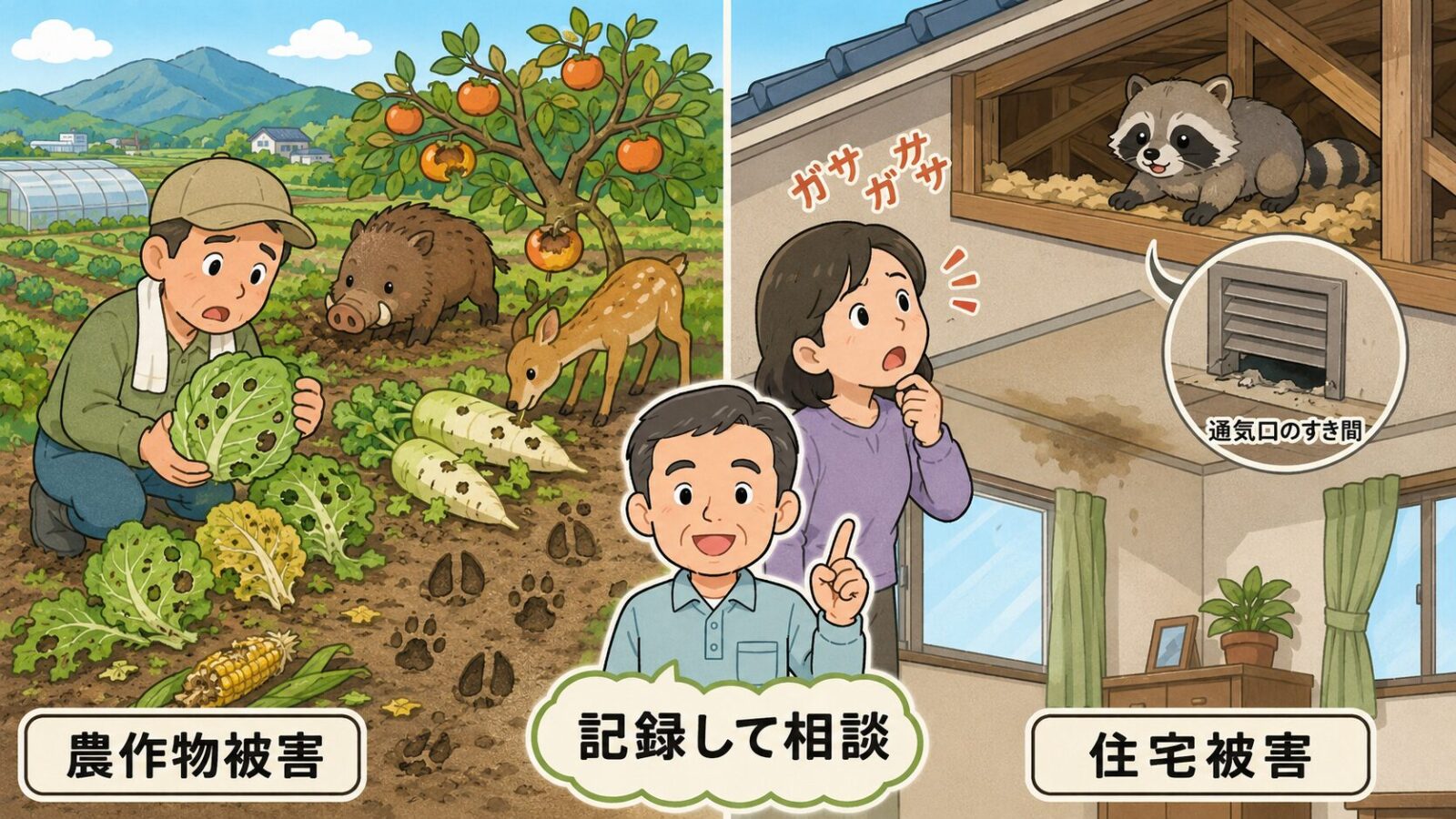 農作物被害と住宅被害で相談先や対応が変わることを示した図解。