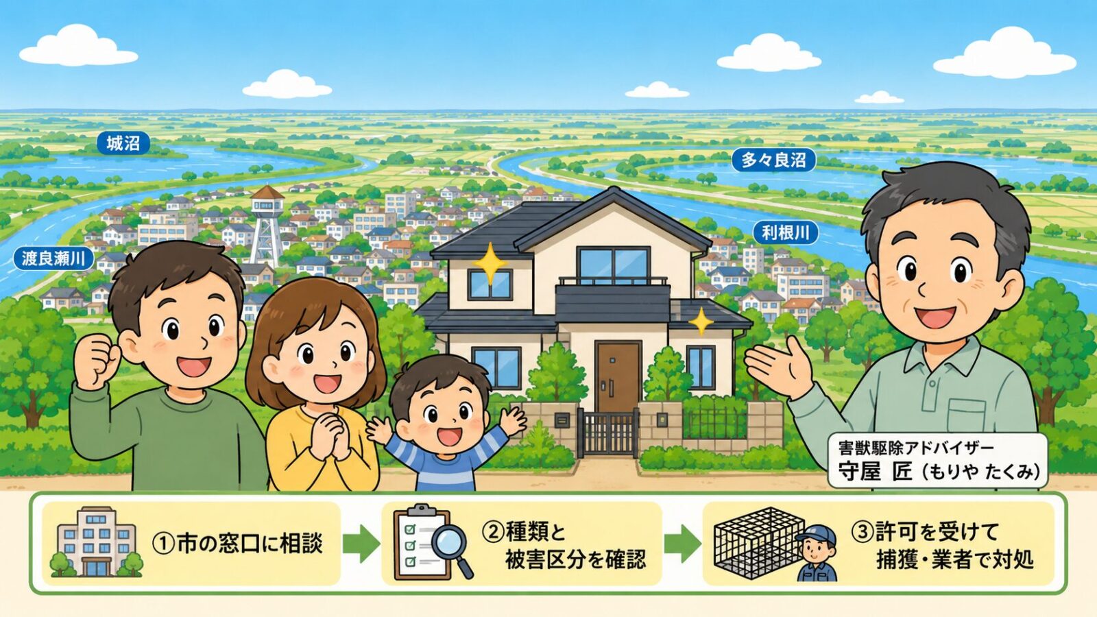 館林市の害獣駆除のまとめ図。市の窓口に相談・害獣の種類と被害区分を確認・許可を受けて捕獲・足りない作業は業者を比較の流れと、費用は参考相場で現地調査で変動・急がず複数社を比較という注意を、被害が解決して安心する家族とともに守谷タクミが示すいらすとや風イラスト。