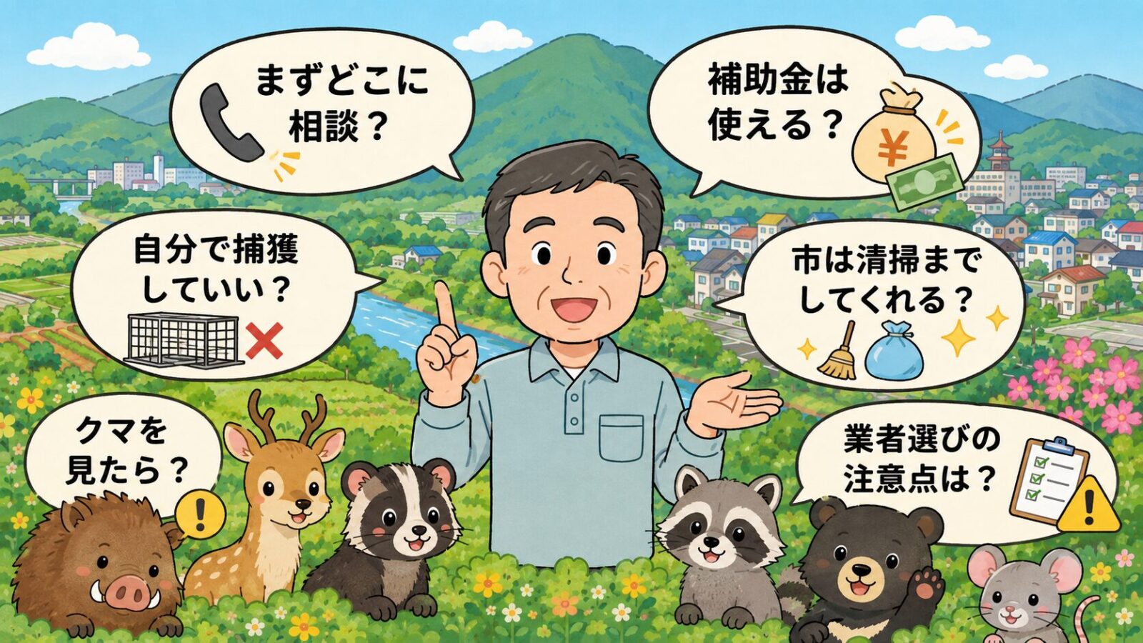 藤岡市の害獣駆除でよくある質問を整理した図解。