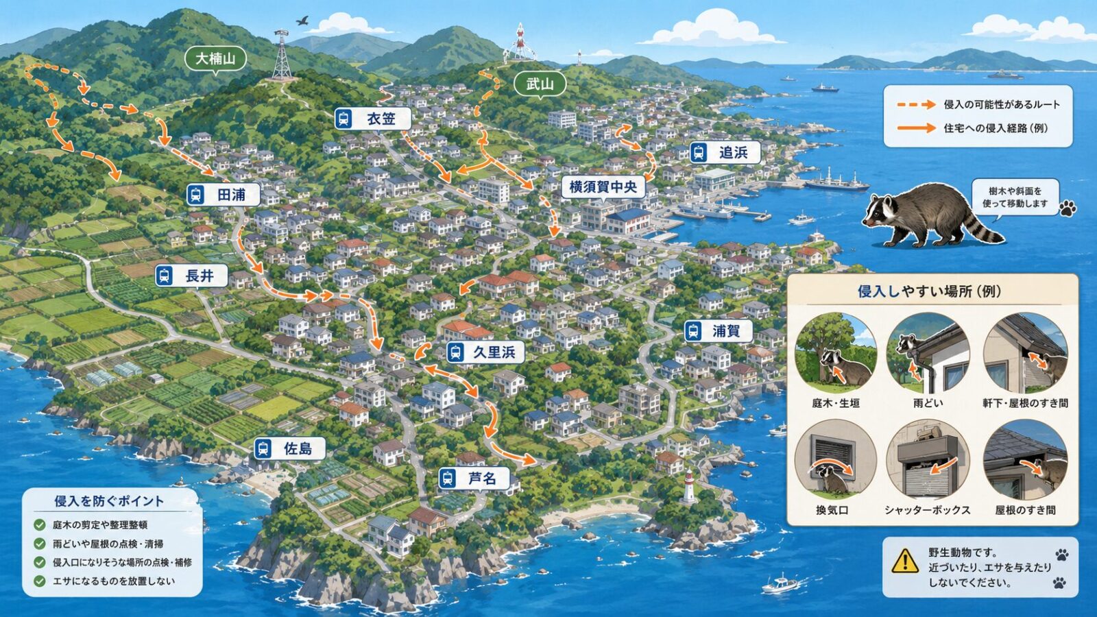 横須賀市の追浜、田浦、浦賀、久里浜、大楠山周辺で注意したい侵入経路と地域特性を示す地図風イラスト