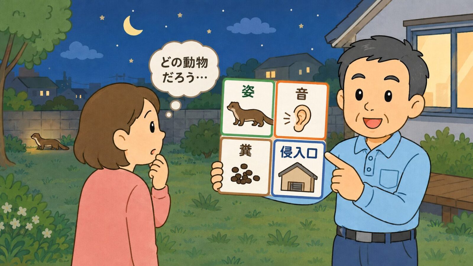 イタチに似た動物を見た目だけで断定せず、姿・音・糞・侵入口を記録する流れを示した図解