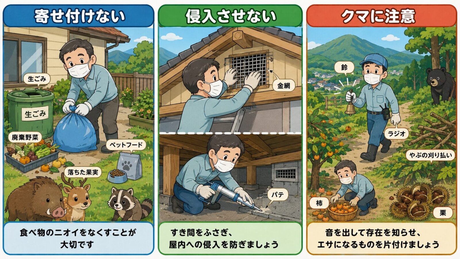 害獣を寄せ付けない対策、侵入させない対策、糞尿清掃時の注意を示した図解。
