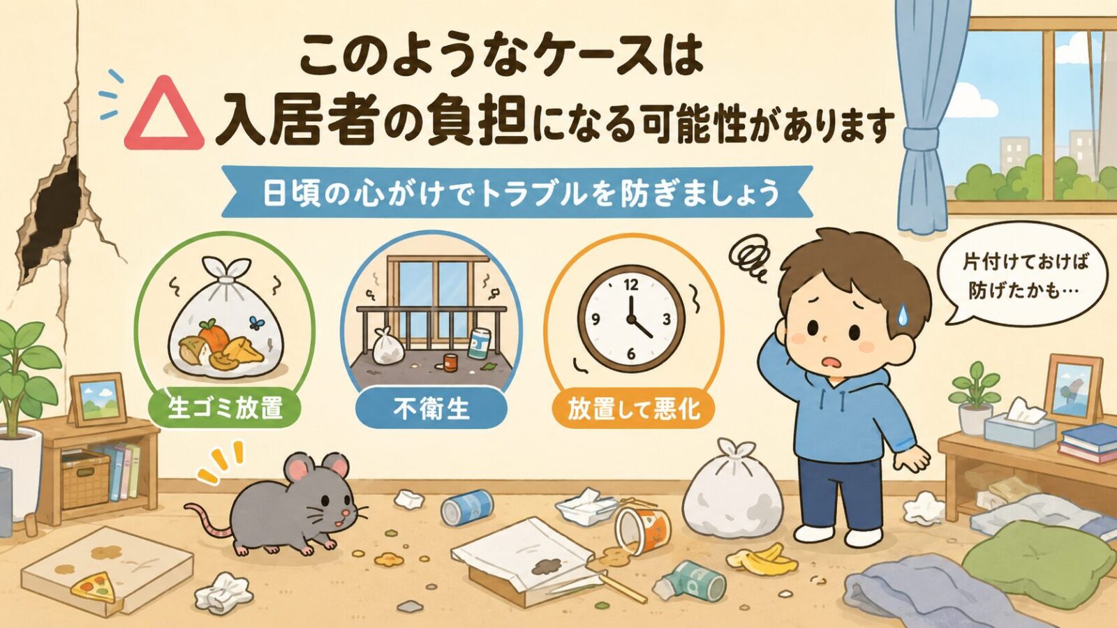賃貸で生ごみの放置や不衛生、被害の放置などにより入居者負担になる可能性があるケースを示した図解。