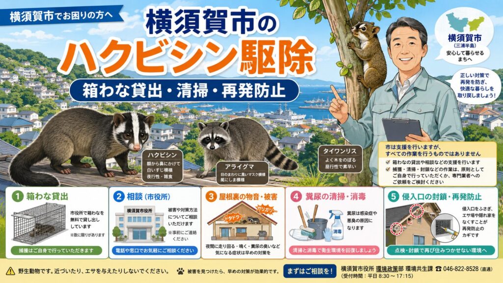 横須賀市のハクビシン駆除を相談する住民と守谷タクミを描いたアイキャッチ画像