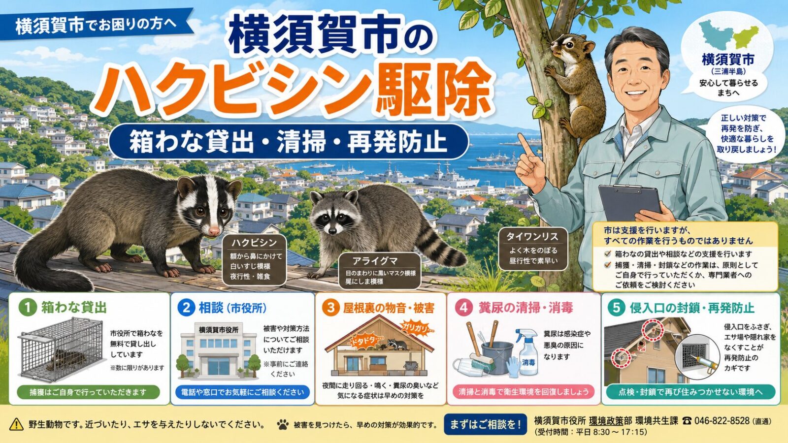 横須賀市のハクビシン駆除を相談する住民と守谷タクミを描いたアイキャッチ画像