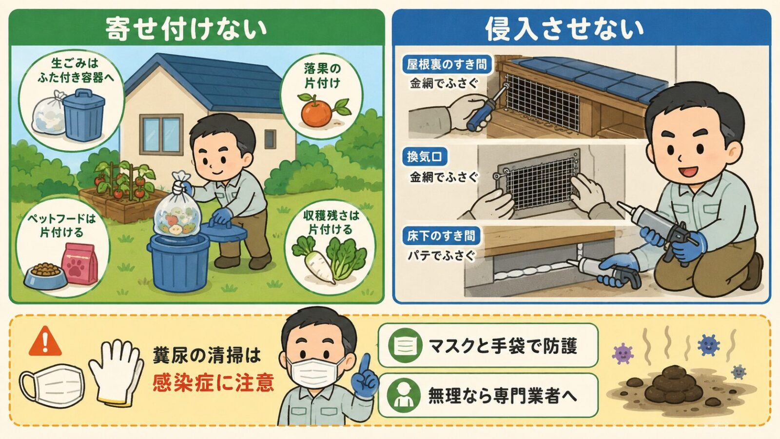 足利市で自分でできる害獣の予防・応急対策を示す図。寄せ付けない(生ごみ・落ちた果実・収穫しない野菜・ペットフードを置かない・庭まわりを整える)と侵入させない(屋根裏・通気口・床下のすき間を金網やパテで塞ぐ)の2本柱を守谷タクミが案内し、糞尿の清掃は感染症に注意し防護のうえか専門業者へと添えるいらすとや風イラスト。