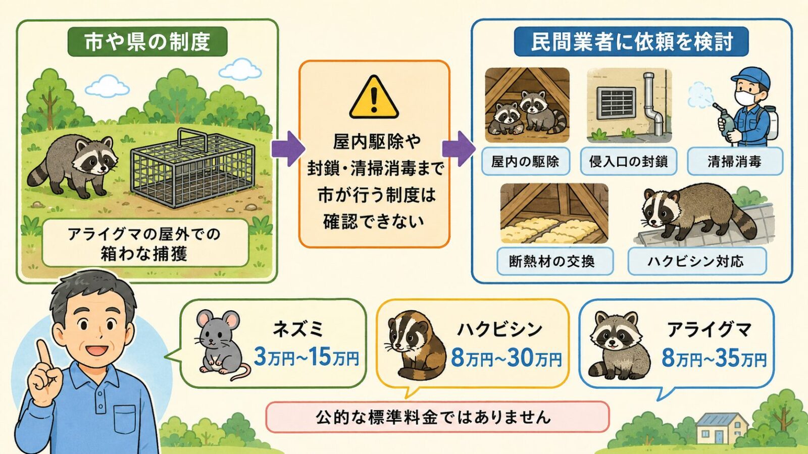 常総市で市の制度だけでは完結しない作業と費用相場を示す図。市や県の制度（アライグマの屋外での箱わな捕獲）と民間業者（屋内の駆除・侵入口の封鎖・糞尿の清掃消毒・断熱材の交換・ハクビシン対応）の役割分担を矢印でつなぎ、住宅の屋内駆除や封鎖・清掃消毒まで市が行う制度は確認できないこと、費用は民間業者に依頼する場合の参考目安で公的な標準料金ではないことを注記するいらすとや風イラスト。