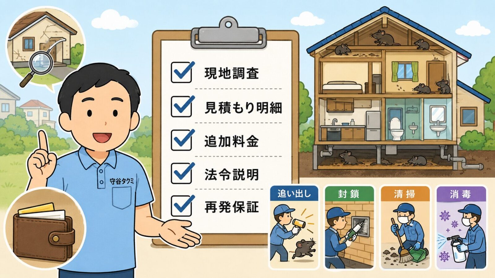 草加市で害獣駆除業者を選ぶときの現地調査、見積もり明細、追加料金、法令説明、再発保証を示した図解。