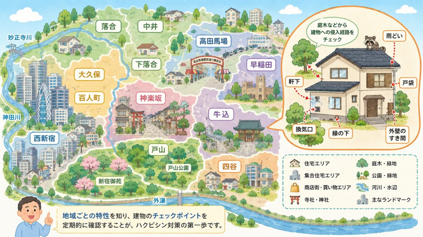 新宿区の地域特性とハクビシンの侵入経路を示す模式マップ