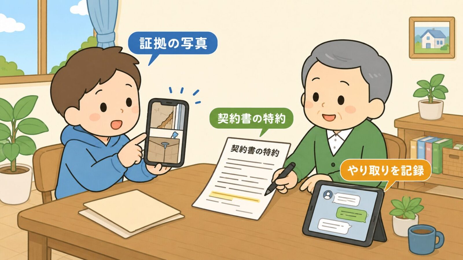 賃貸の害獣被害で証拠写真、契約書の特約、管理会社とのやり取り記録を残して交渉する流れを示した図解。