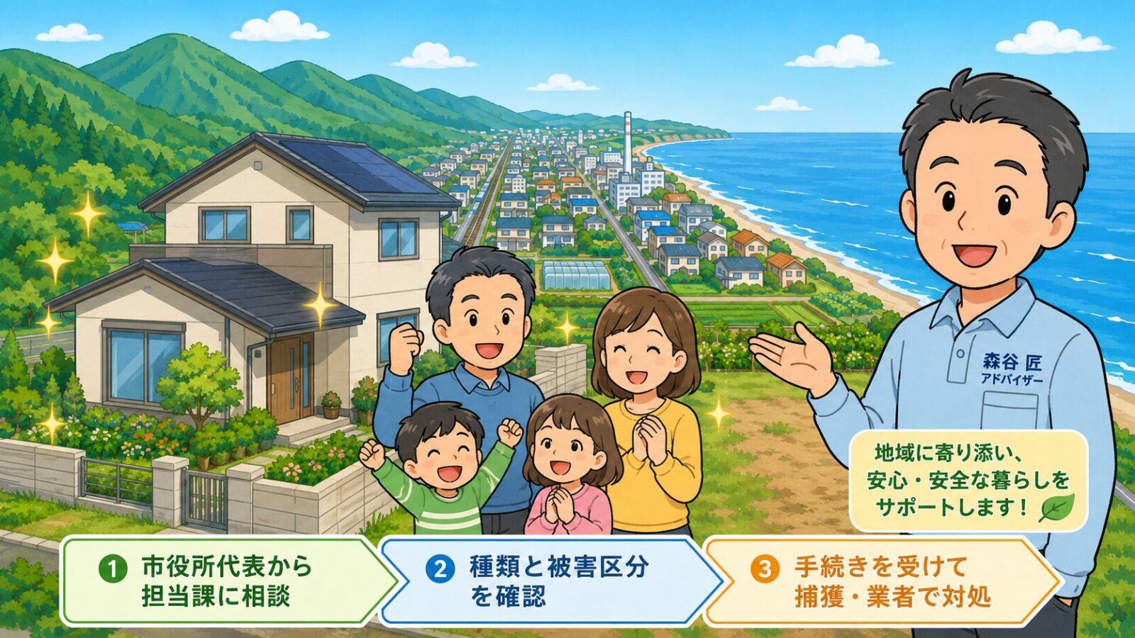 日立市の害獣駆除のまとめ図。市役所代表から担当課(計画は農林水産課・アライグマは防災対策課)に相談・害獣の種類と被害区分を確認・手続きを受けて捕獲・足りない作業は業者を比較の流れと、費用は参考相場で現地調査で変動・急がず複数社を比較という注意を、被害が解決して安心する家族とともに守谷タクミが示すいらすとや風イラスト。