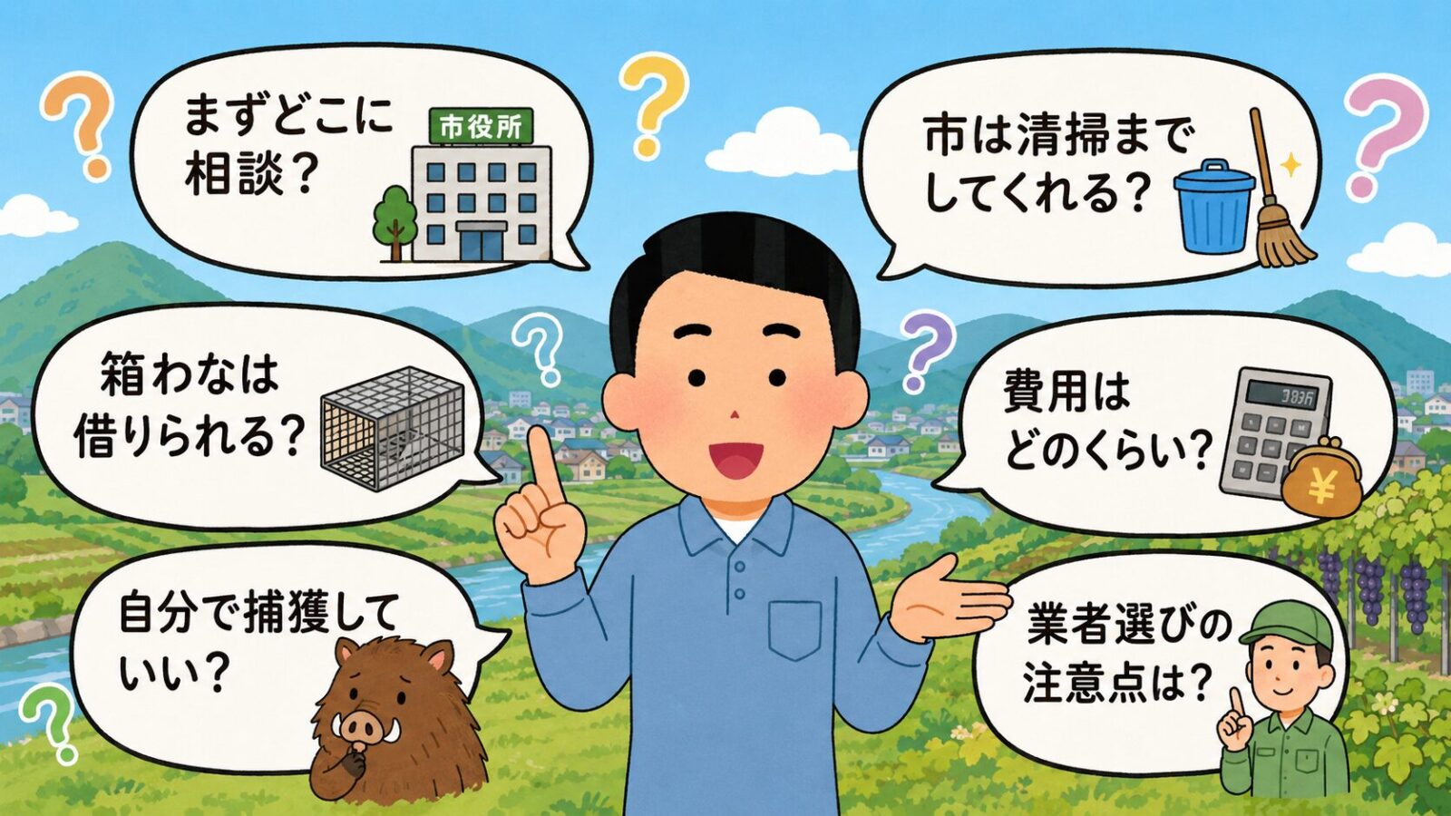 栃木市の害獣駆除でよくある相談先、箱わな貸出、自分で捕獲できるか、費用、屋根裏被害の質問を示した図解