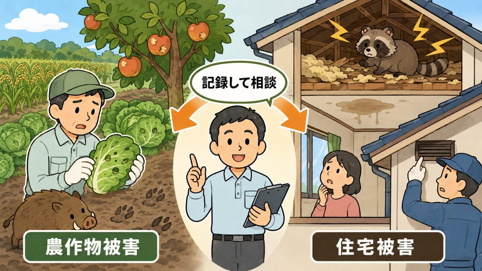 農作物被害と住宅被害で相談先や対応が変わることを示した図解。