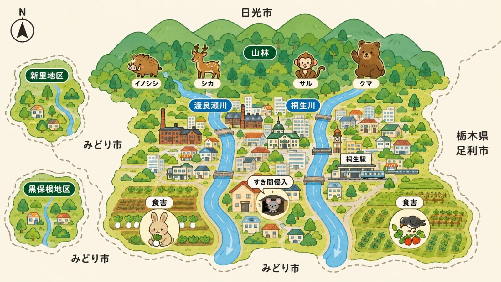 桐生市の地形と点検ポイントを示す模式マップ。上が北で、林野が広がる北部、渡良瀬川と桐生川が南へ流れ、川沿いに織物のまちの市街地を配置。新里・黒保根地区は本庁舎から離れた位置に分けて描く。隣接は東に栃木県足利市、西と南にみどり市。山際はイノシシ・シカ・サル・クマ、市街地はすき間侵入、農地は食害に注意と示すいらすとや風イラスト。