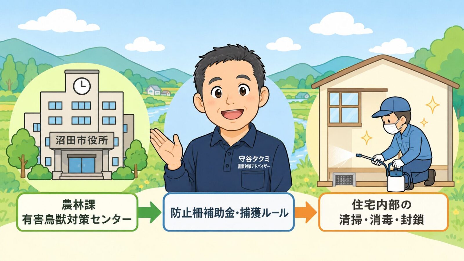 沼田市の農林課有害鳥獣対策センター、防止柵補助金、住宅内部作業の役割分担を示した図解。