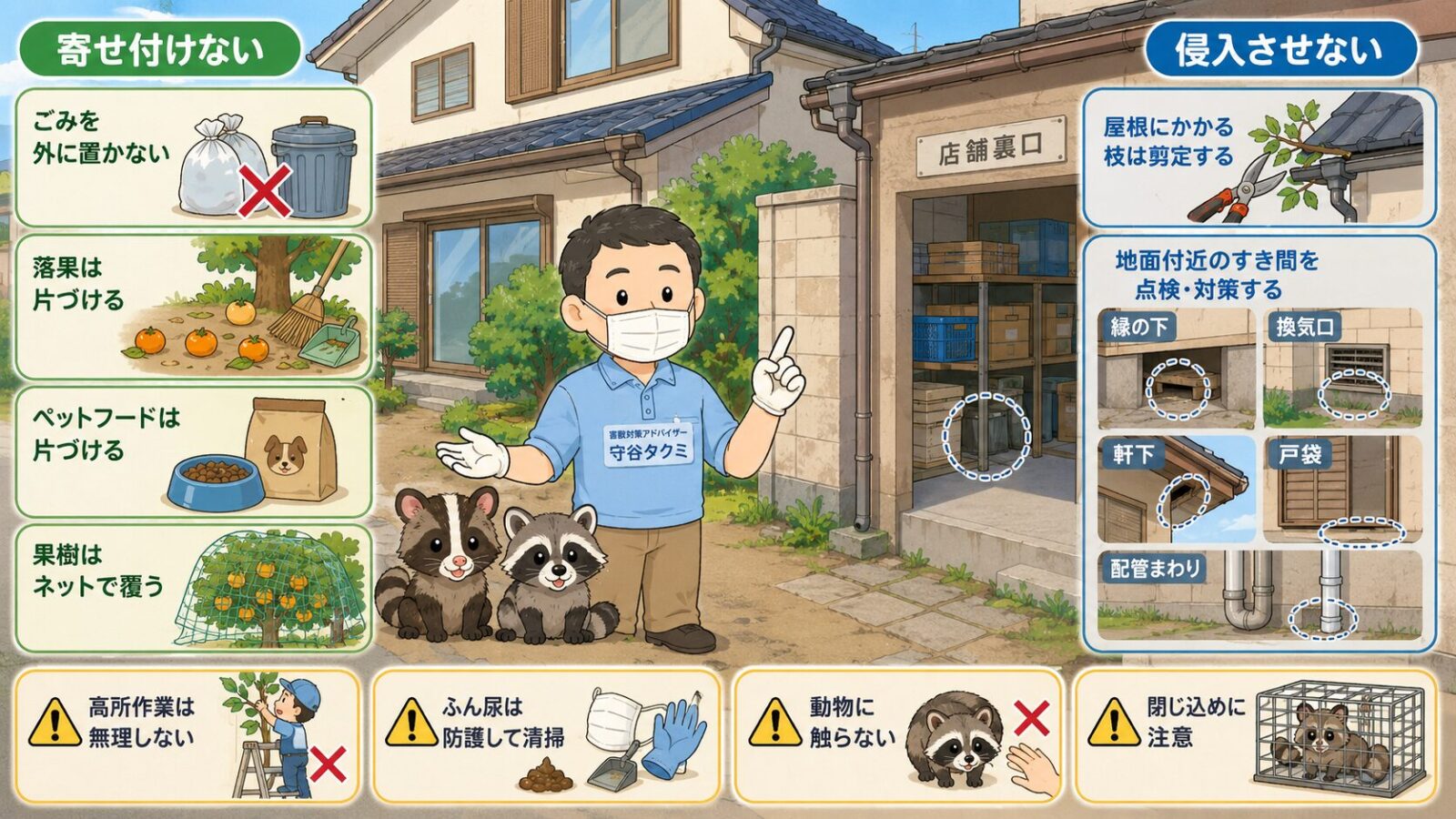 渋谷区で自分でできるハクビシン予防と応急対策のイラスト