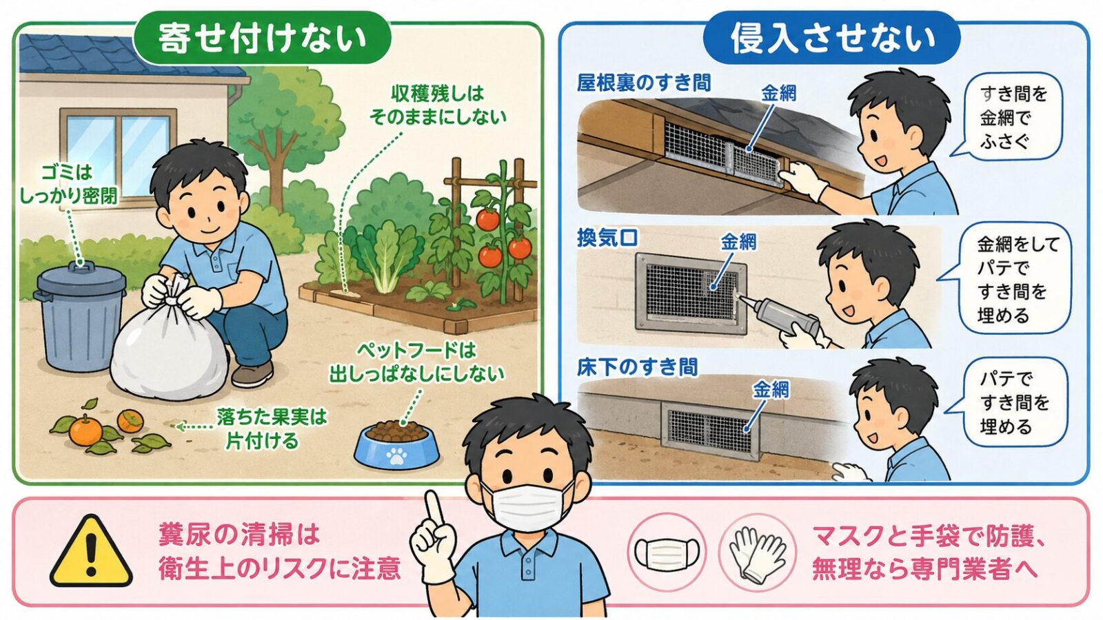 守谷市で自分でできる害獣の予防・応急対策を示す図。寄せ付けない(生ごみ・落ちた果実・収穫しない野菜・ペットフードを置かない)と侵入させない(屋根裏・通気口・床下のすき間を金網やパテで塞ぐ)の2本柱を守谷タクミが案内し、糞尿の清掃は衛生上のリスクに注意し防護のうえか専門業者へと添えるいらすとや風イラスト。