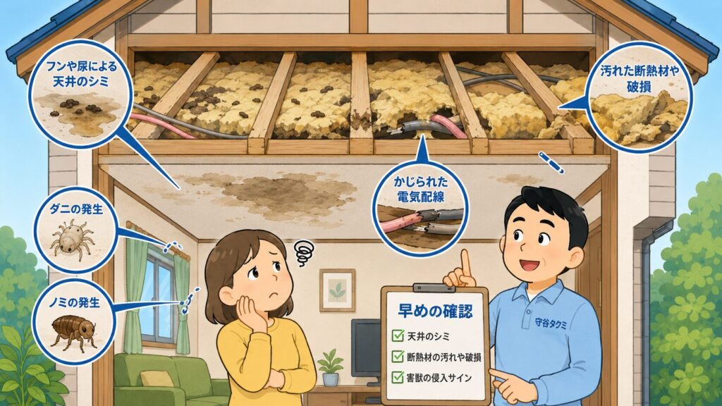 1階と2階の間の害獣被害を放置したときのリスクを示した住宅断面のイラスト。フンや尿による天井のシミ、ダニやノミの発生、かじられた電気配線、汚れて破損した断熱材を拡大して示し、守谷タクミが天井のシミ・断熱材の汚れや破損・害獣の侵入サインを早めに確認するよう促している。