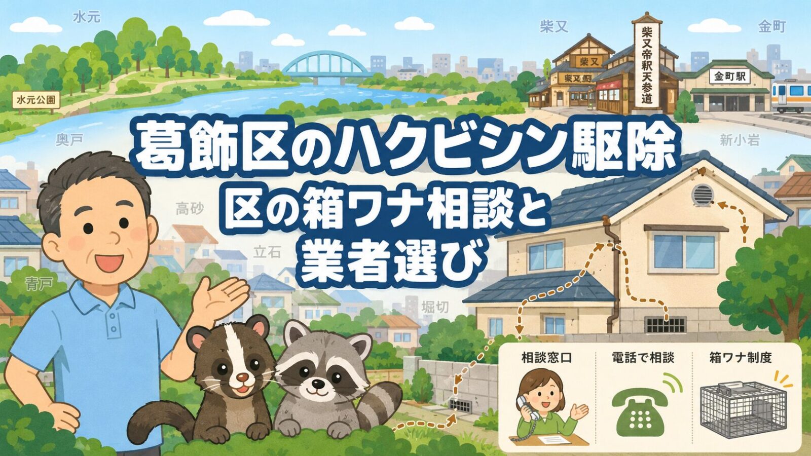 葛飾区の住宅地と水辺を背景に守谷タクミとハクビシンを描いたアイキャッチ画像