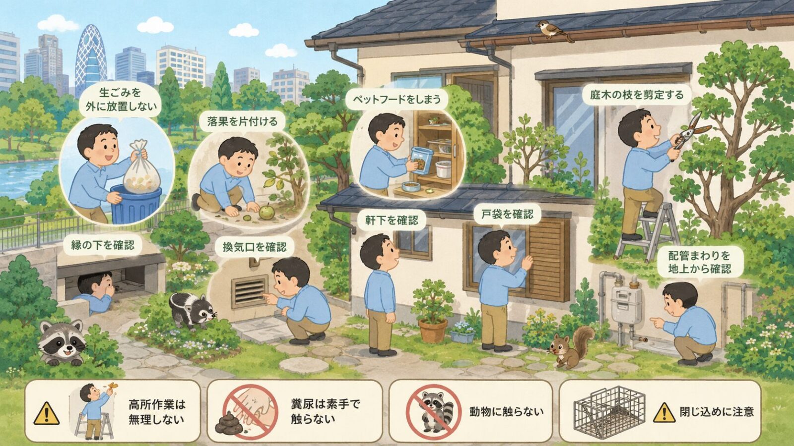 新宿区で自分でできるハクビシン予防と応急対策のイラスト