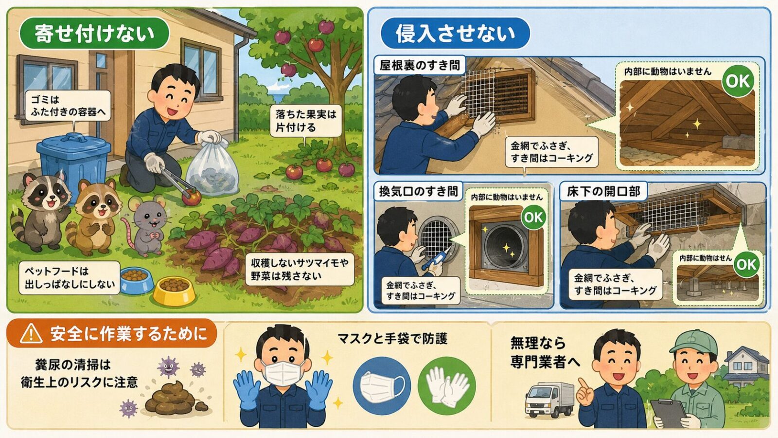 ひたちなか市で自分でできる害獣の予防・応急対策を示す図。寄せ付けない（生ごみ・落ちた果実・収穫しないさつまいもや野菜・ペットフードを置かない）と侵入させない（屋根裏・通気口・床下のすき間を金網やパテで塞ぐ）の2本柱を守谷タクミが案内し、糞尿の清掃は衛生上のリスクに注意し防護のうえか専門業者へと添えるいらすとや風イラスト。