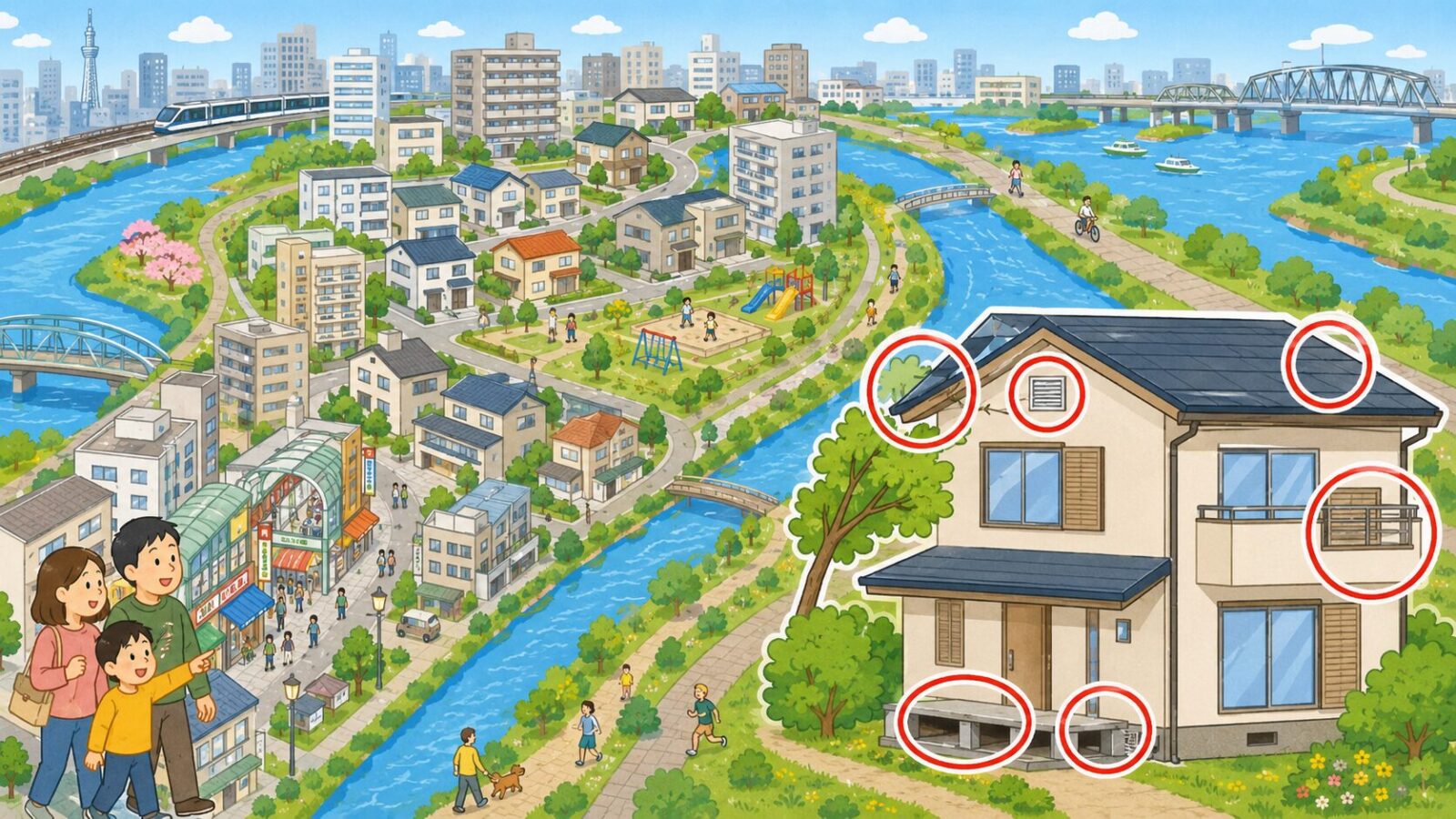 足立区の地域特性とハクビシンの侵入経路を示す模式マップ
