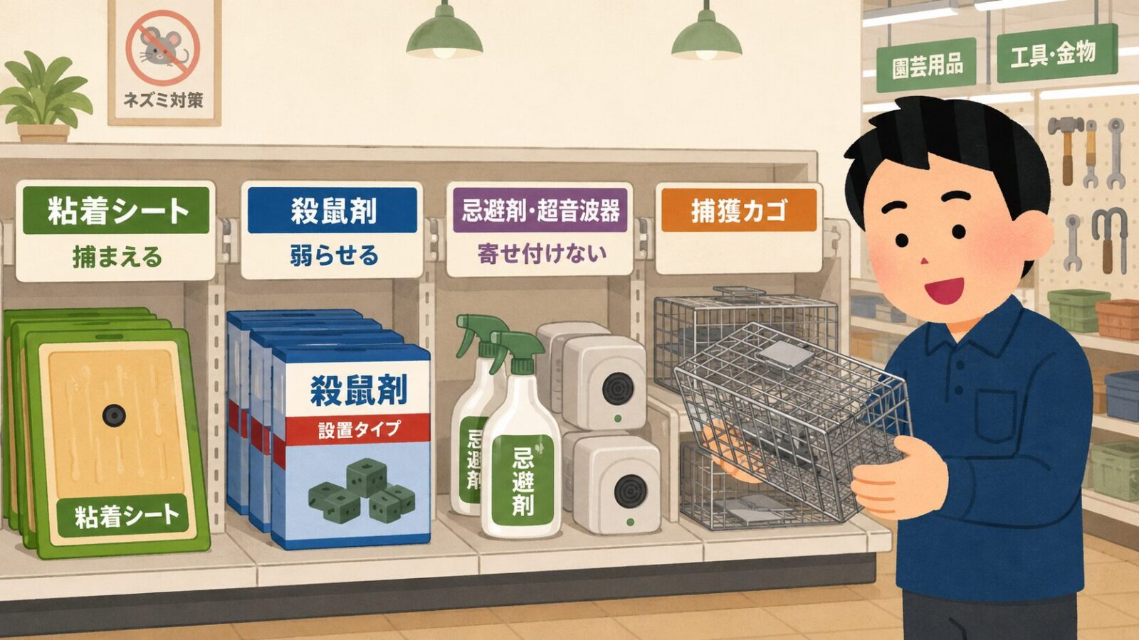 市販のネズミ駆除グッズの種類と選び方を示す図。粘着シート(捕獲)・殺鼠剤(毒餌)・忌避剤や超音波(寄せ付けない)・捕獲カゴの4タイプの特徴と使い分けを、ホームセンターの売り場をイメージして守谷タクミが解説するいらすとや風イラスト。