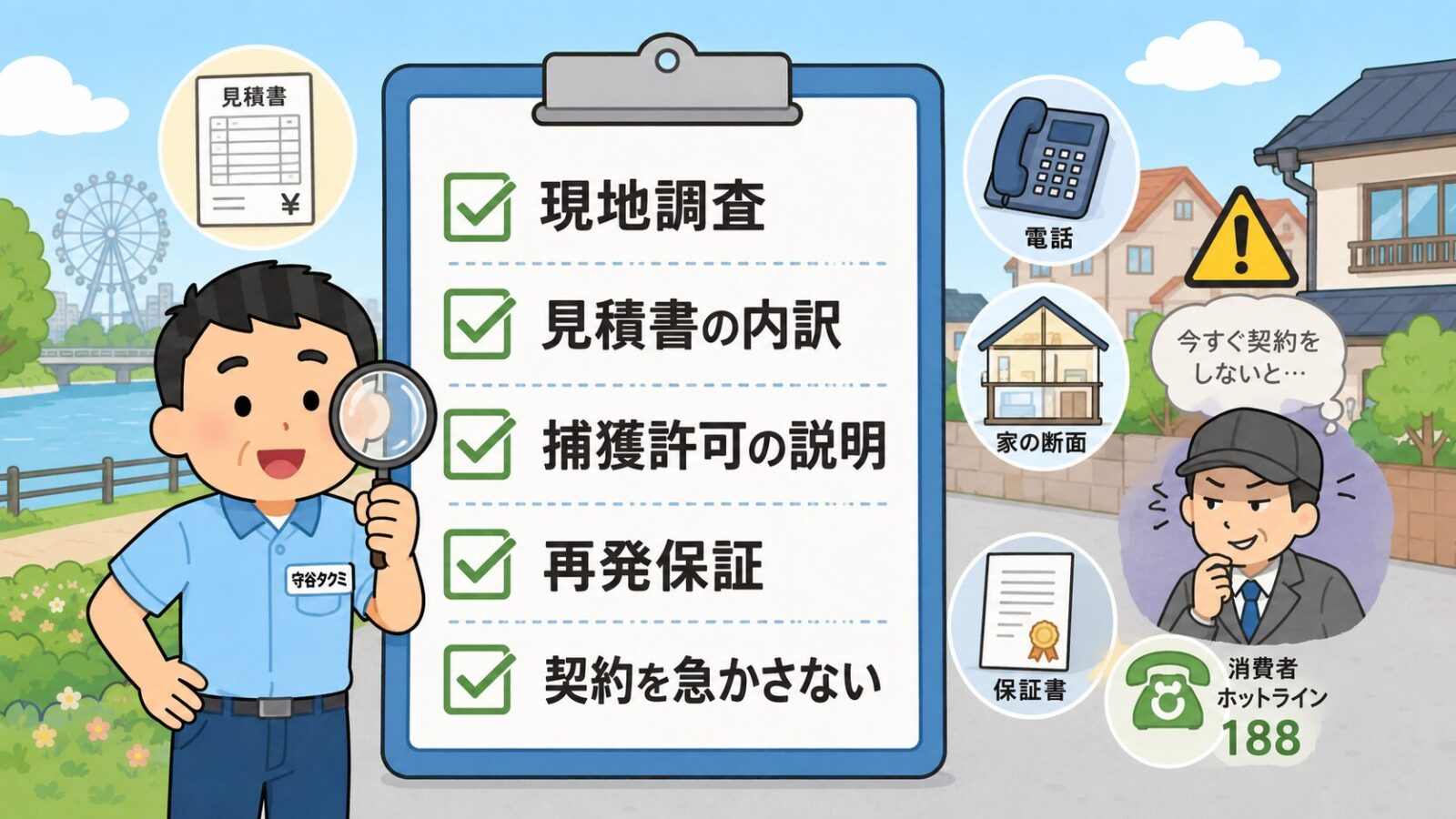 江戸川区でハクビシン駆除業者を選ぶときの現地調査、見積書、許可説明、保証を確認するチェックリスト