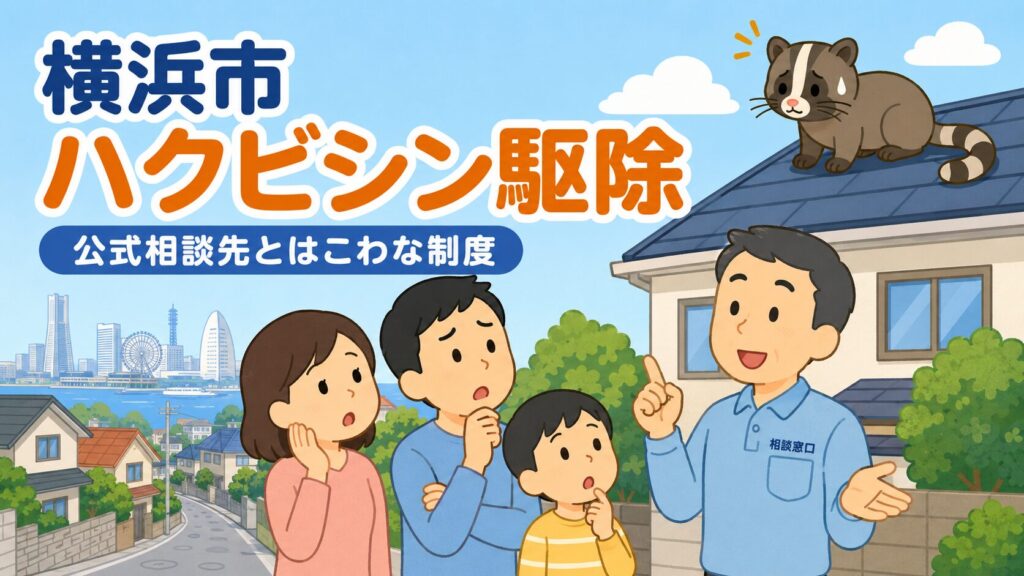 横浜市のハクビシン駆除を相談する住民と守谷タクミを描いたアイキャッチ画像
