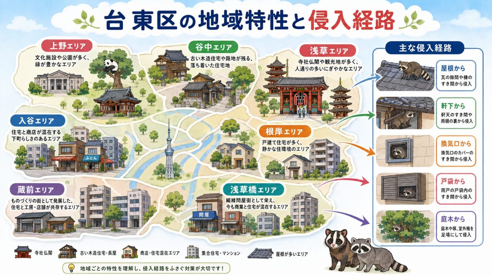 台東区の地域特性とハクビシンの侵入経路を示す模式マップ