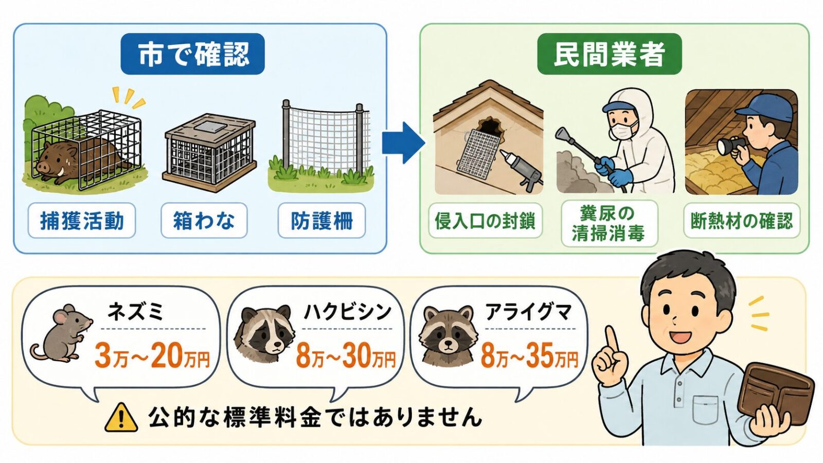 渋川市で確認できる内容と民間業者の作業、費用相場の目安を示した図解。