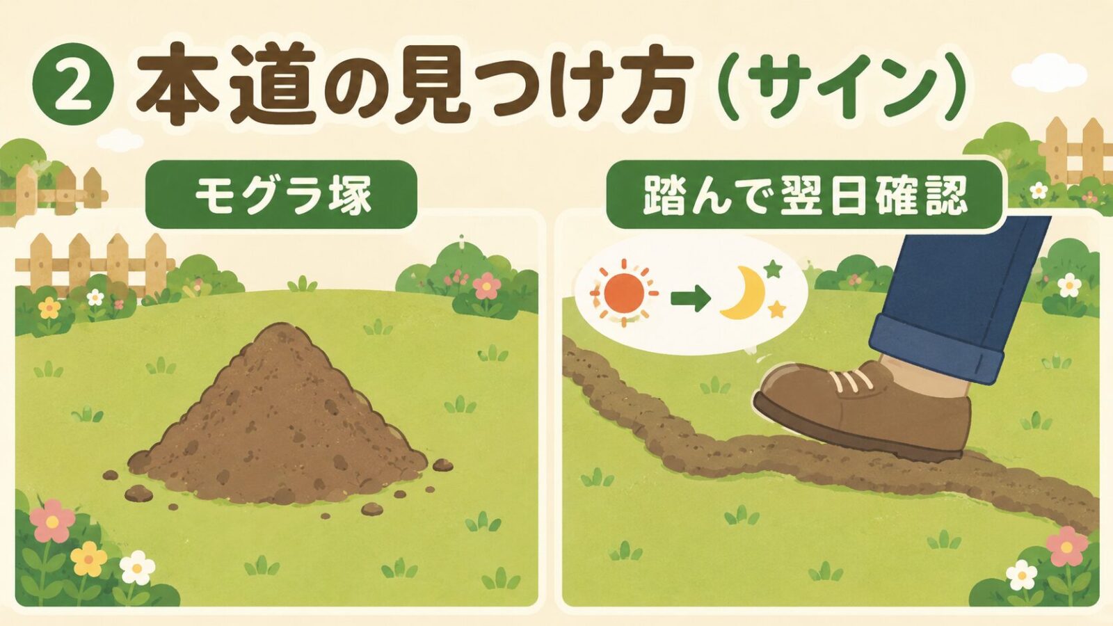 庭にモグラがいるサインの見分け方を示すいらすとや風イラスト。左に穴のない円すい状のモグラ塚、右に芝生のうねる盛り上がりを足で踏んで翌日確認する様子を対比し、「モグラ塚」「踏んで翌日確認」のラベル付きで本道の特定方法を図解。