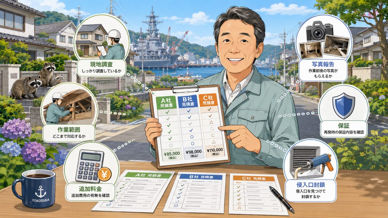 横須賀市でハクビシン駆除業者を選ぶ際の現地調査、見積書、追加費用、保証確認を示すイラスト