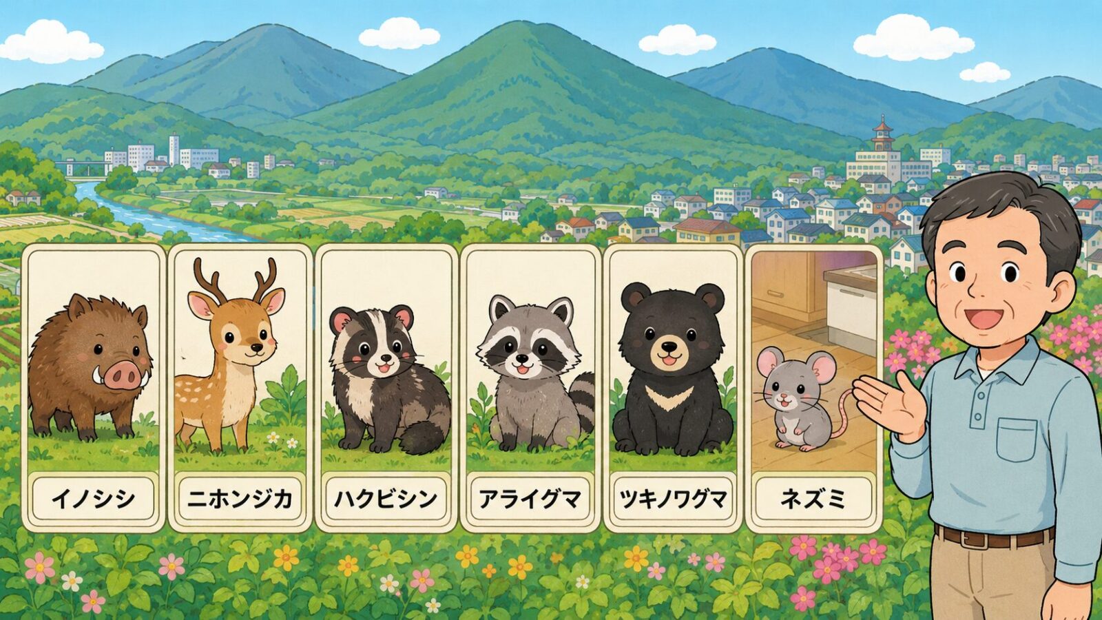 藤岡市で注意したいイノシシ、シカ、ハクビシン、アライグマ、クマなどの害獣を並べた図解。