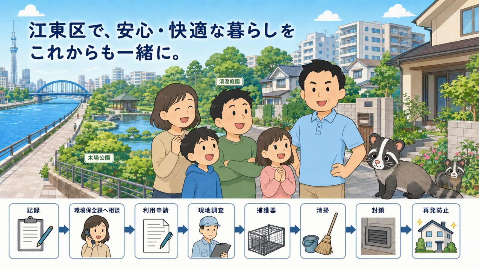 江東区のハクビシン被害が解決して安心した家族と守谷タクミを描いたまとめ画像