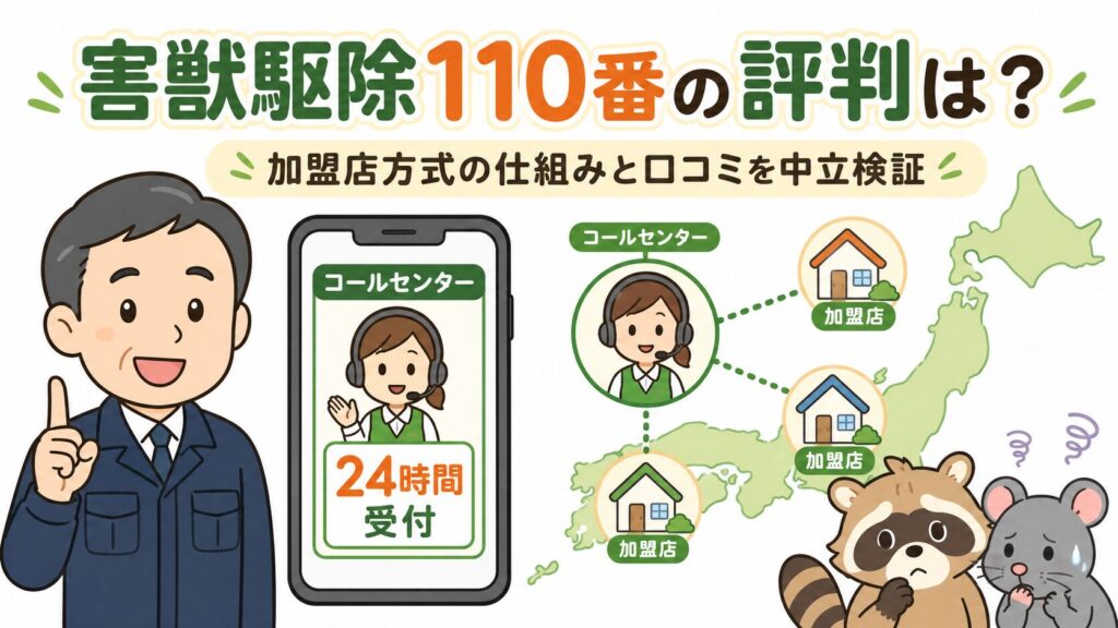 害獣駆除110番の評判を中立検証するメインアイキャッチ。守谷タクミ（作業着姿のチビキャラ・点目）が24時間コールセンターのスマートフォン画面と、日本全国へ広がる加盟店ネットワーク図を案内し、アライグマとネズミが「困った隣人」として顔をのぞかせるいらすとや風イラスト。「害獣駆除110番の評判は？」のタイトル入り。
