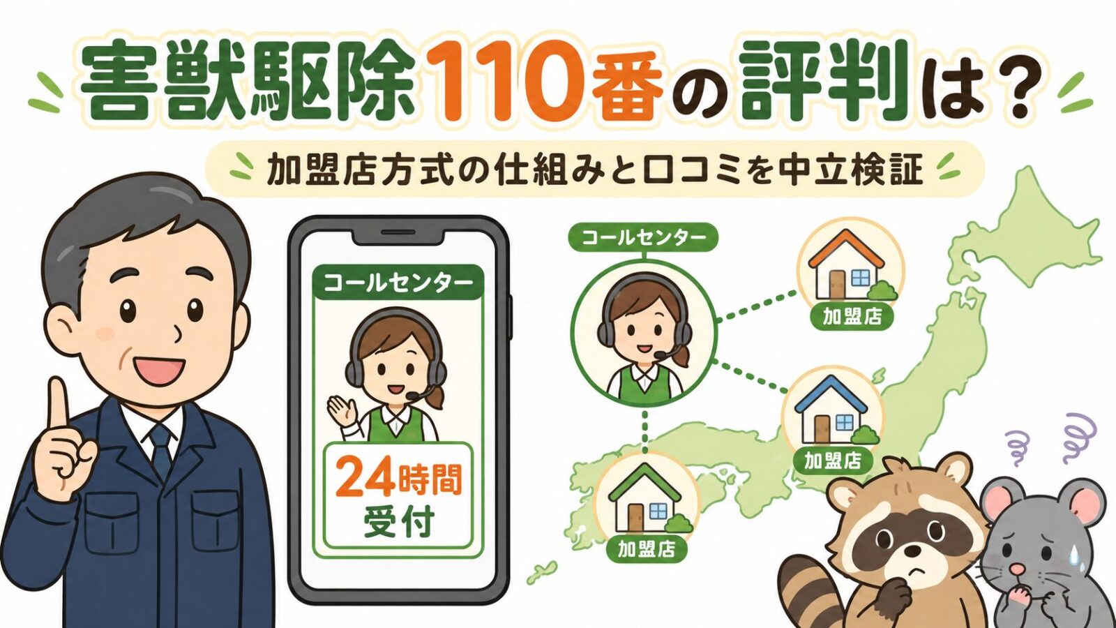害獣駆除110番の評判を中立検証するメインアイキャッチ。守谷タクミ(作業着姿のチビキャラ・点目)が24時間コールセンターのスマートフォン画面と、日本全国へ広がる加盟店ネットワーク図を案内し、アライグマとネズミが「困った隣人」として顔をのぞかせるいらすとや風イラスト。「害獣駆除110番の評判は?」のタイトル入り。
