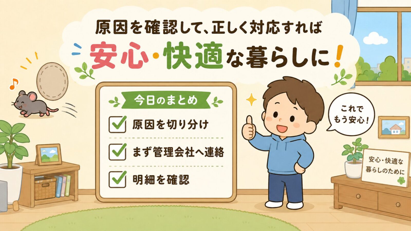 賃貸の害獣駆除費用で原因を切り分け、まず管理会社へ連絡し、明細を確認する流れを示したまとめ画像。