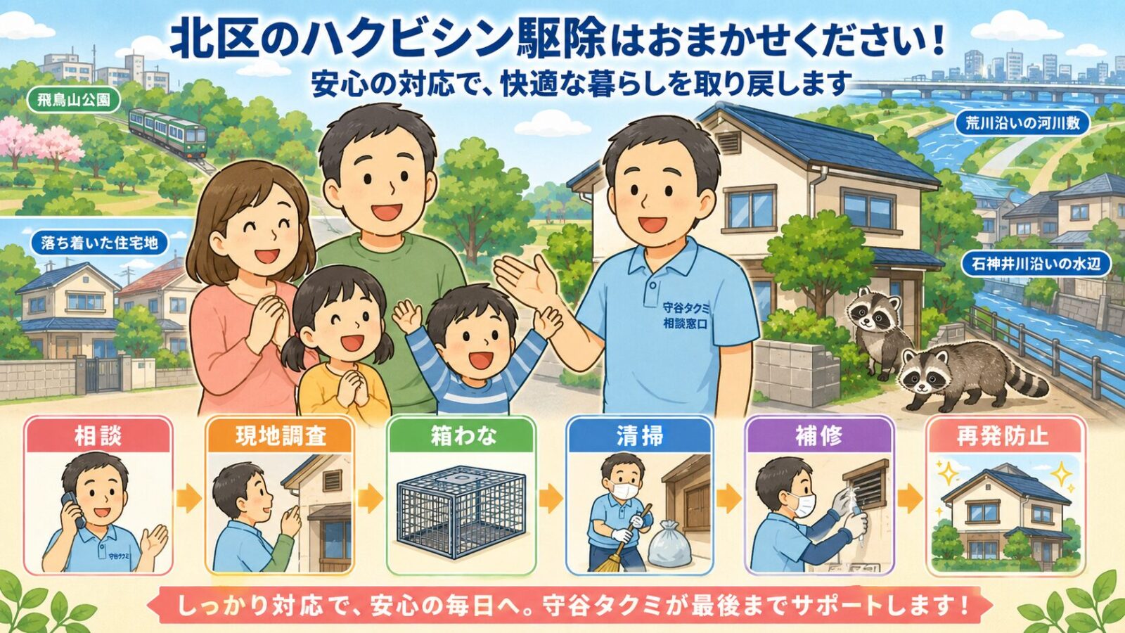 北区のハクビシン被害が解決して安心した家族と守谷タクミを描いたまとめ画像